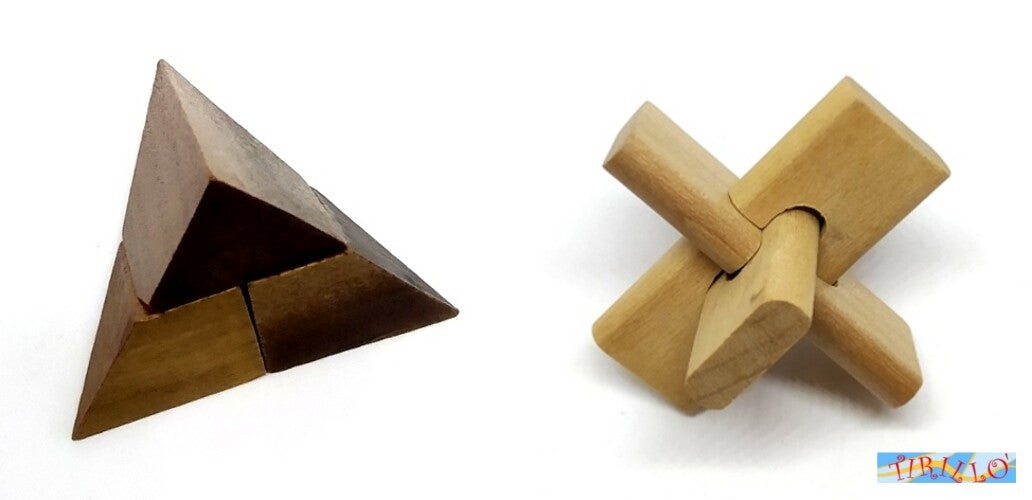 GIOCATTOLI - Mini rompicapo in legno - Piramide e incrocio - 4 cm