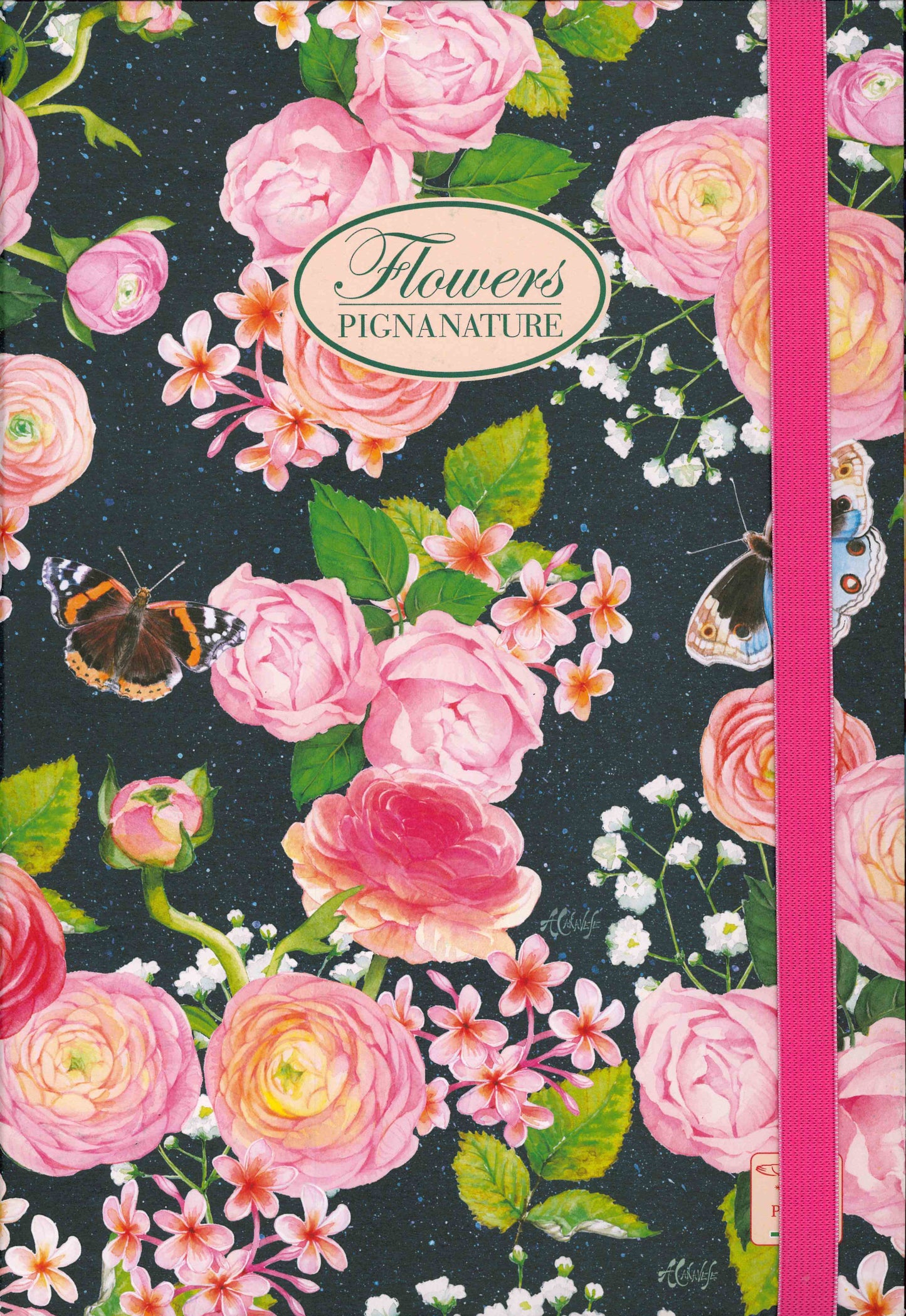 Raccoglitore cartellina elastico Pigna Flowers 3 cm - 24x34 cm - Rose su nero