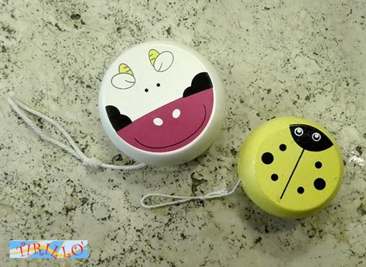 GIOCATTOLI -  2 Yo yo yoyo in legno 5,5 cm/4,5 cm - Mucca + Coccinella gialla