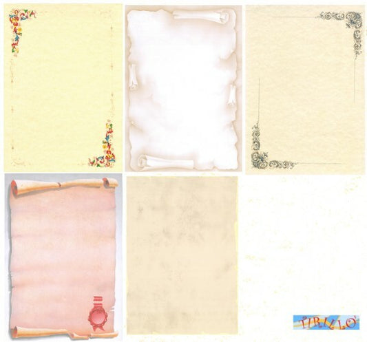 PARTECIPAZIONI AUGURI - Set 5 carte effetto pergamena decorate A4