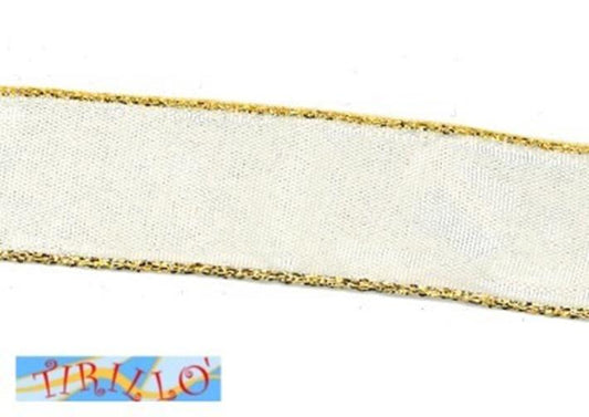 MERCERIA - 5 metri nastro di taffetà animato 2,5 centimetri - Bianco bordo oro