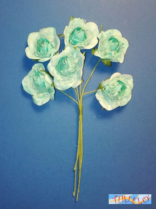 BOMBONIERE DECORAZIONI-12 fiori di stoffa con pizzo per bomboniere-Rose turchesi