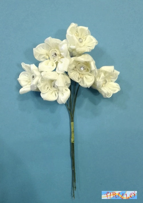 BOMBONIERE DECORAZIONI-12 fiori di stoffa con strass per bomboniere- Rose avorio